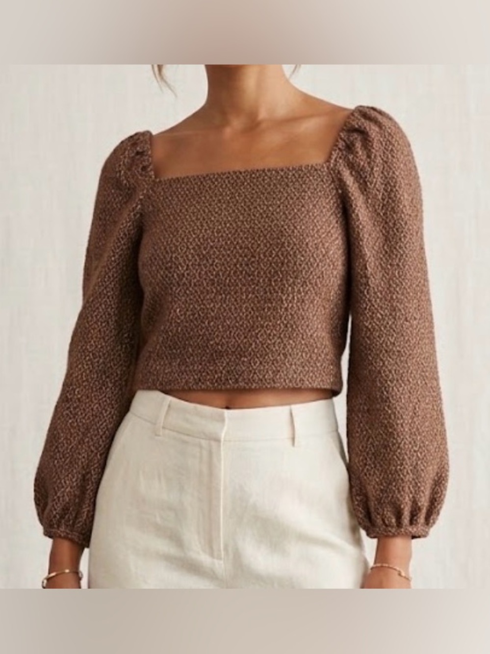 Madewell Women Brown Smocked Square-Neck Long-Sleeve Crop Top size S